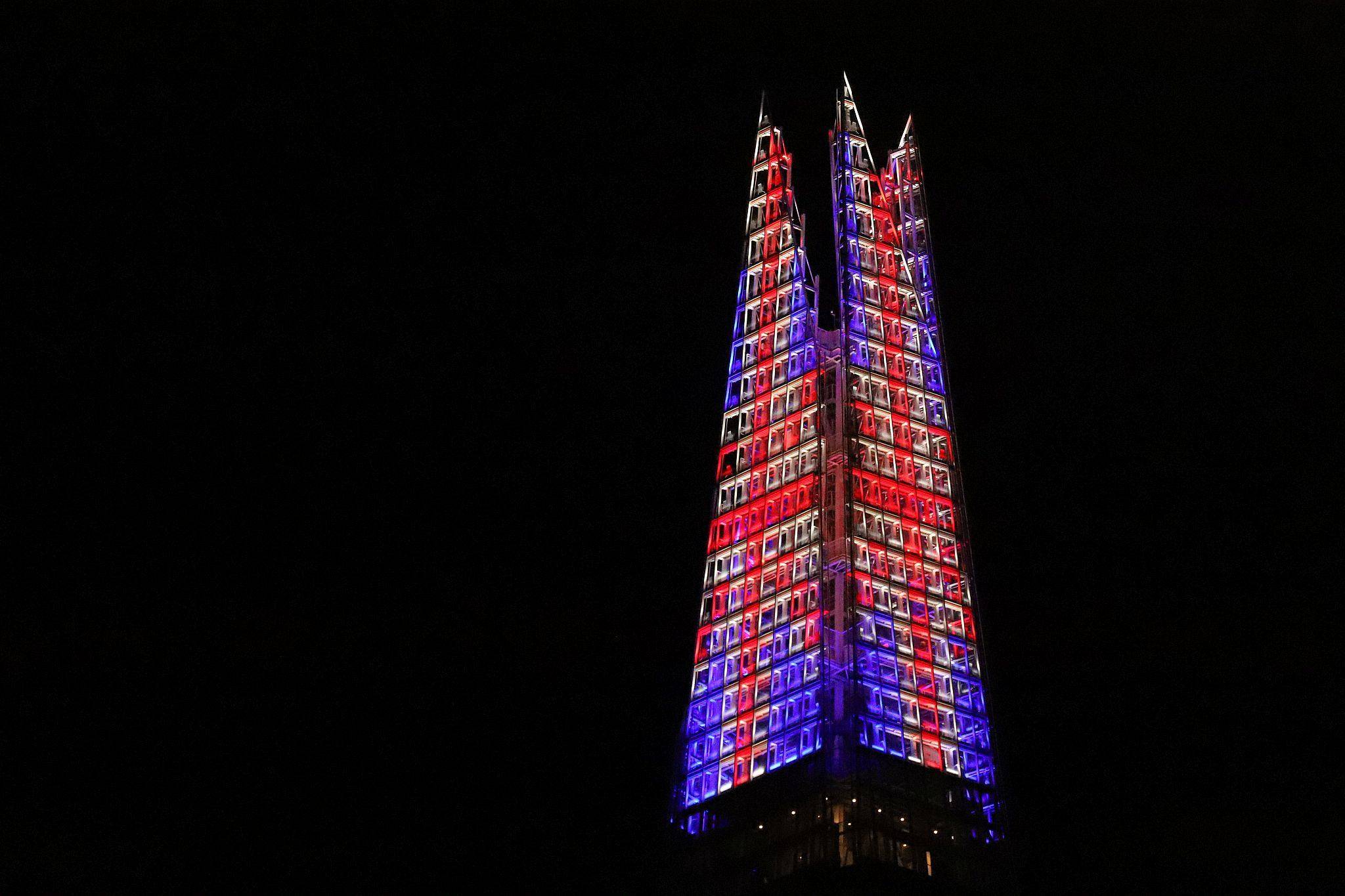 The Shard lit red, white and blue to mark the Coronation of King Charles III and Queen Camilla. Photo taken 07-May-2023. London.