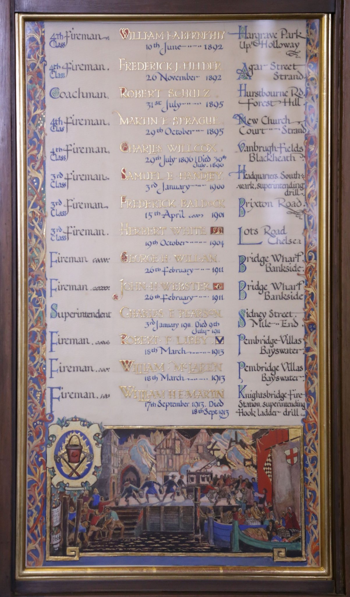 London Fire Brigade Memorial Hall at Lambeth Fire Station remembering Firemen and Firefighters killed on duty. Photographed 09-Nov-2014.