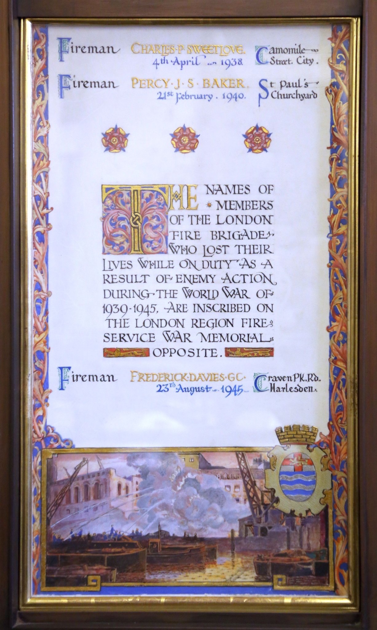 London Fire Brigade Memorial Hall at Lambeth Fire Station remembering Firemen and Firefighters killed on duty. Photographed 09-Nov-2014.
