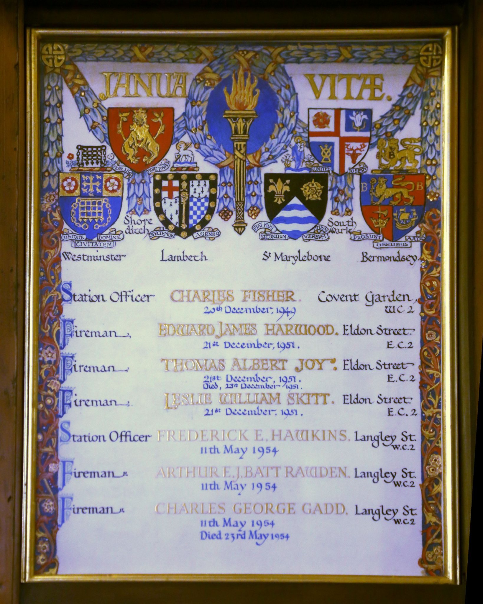London Fire Brigade Memorial Hall at Lambeth Fire Station remembering Firemen and Firefighters killed on duty. Photographed 09-Nov-2014.