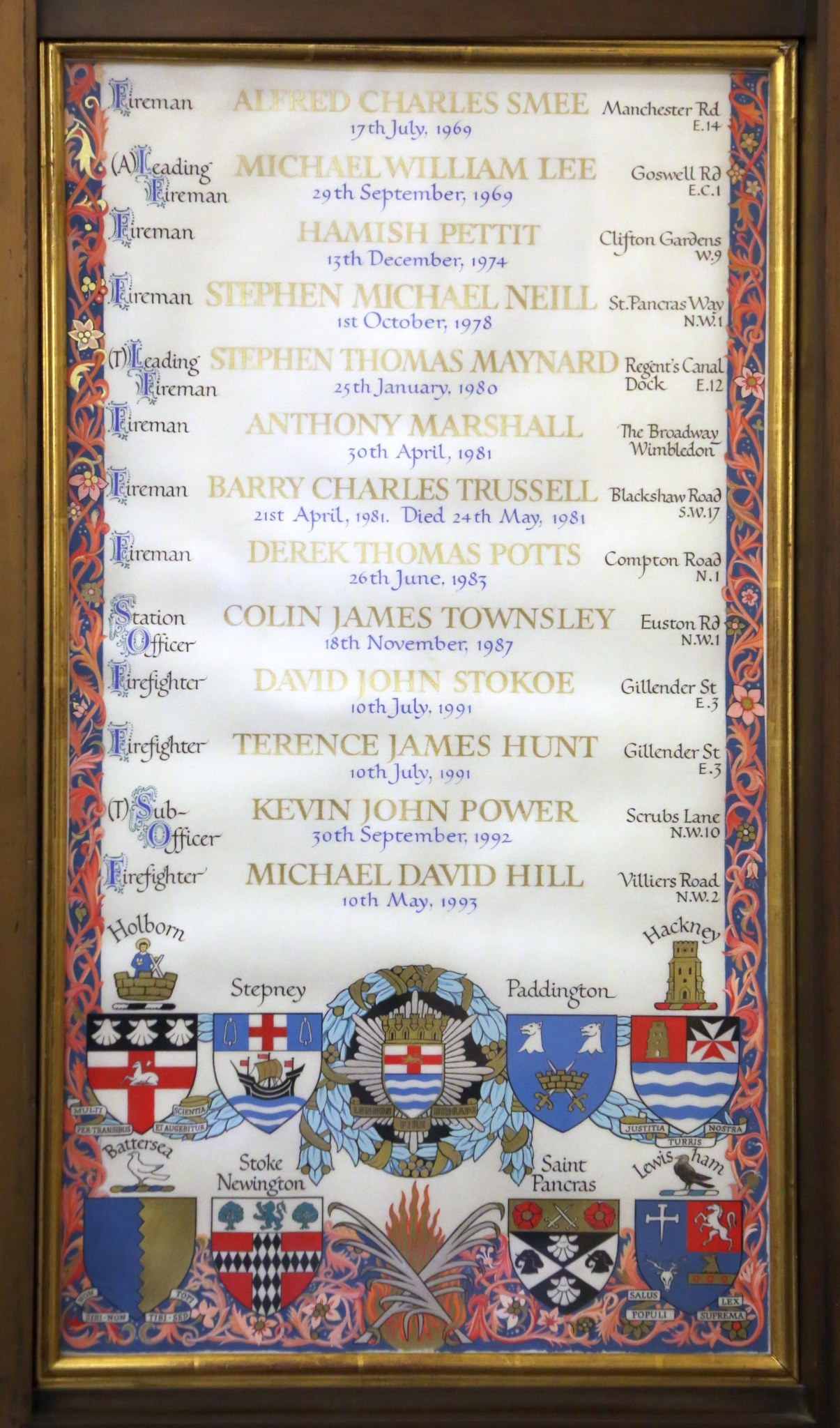 London Fire Brigade Memorial Hall at Lambeth Fire Station remembering Firemen and Firefighters killed on duty. Photographed 09-Nov-2014.