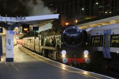 Preserved steam locomotive Merchant Navy Class 35028 "Clan Line" at London Victoria 24th November 2018.