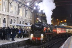 Preserved steam locomotive Merchant Navy Class 35028 "Clan Line" at London Victoria 24th November 2018.