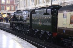 Preserved steam locomotive Merchant Navy Class 35028 "Clan Line" at London Victoria 24th November 2018.