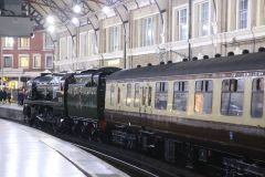 Preserved steam locomotive Merchant Navy Class 35028 "Clan Line" at London Victoria 24th November 2018.