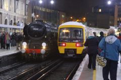 Preserved steam locomotive Merchant Navy Class 35028 "Clan Line" at London Victoria 24th November 2018.