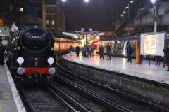 Preserved steam locomotive Merchant Navy Class 35028 "Clan Line" at London Victoria 24th November 2018.