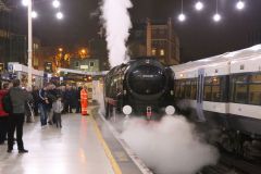 Preserved steam locomotive Merchant Navy Class 35028 "Clan Line" at London Victoria 24th November 2018.