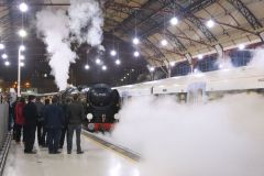 Preserved steam locomotive Merchant Navy Class 35028 "Clan Line" at London Victoria 24th November 2018.