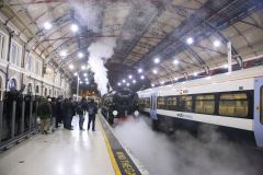 Preserved steam locomotive Merchant Navy Class 35028 "Clan Line" at London Victoria 24th November 2018.