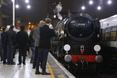 Preserved steam locomotive Merchant Navy Class 35028 "Clan Line" at London Victoria 24th November 2018.