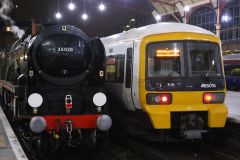 Preserved steam locomotive Merchant Navy Class 35028 "Clan Line" at London Victoria 24th November 2018.