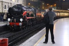 Preserved steam locomotive Merchant Navy Class 35028 "Clan Line" at London Victoria 24th November 2018.