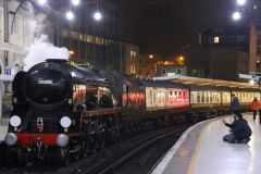Preserved steam locomotive Merchant Navy Class 35028 "Clan Line" at London Victoria 24th November 2018.