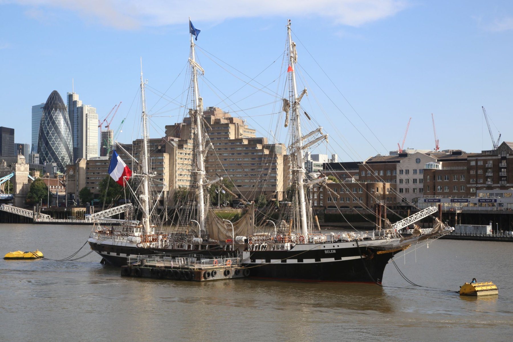 French sail training ship Belem seen in London moored off Tower Bridge close to Tower Bridge. 13-Aug-2019.
