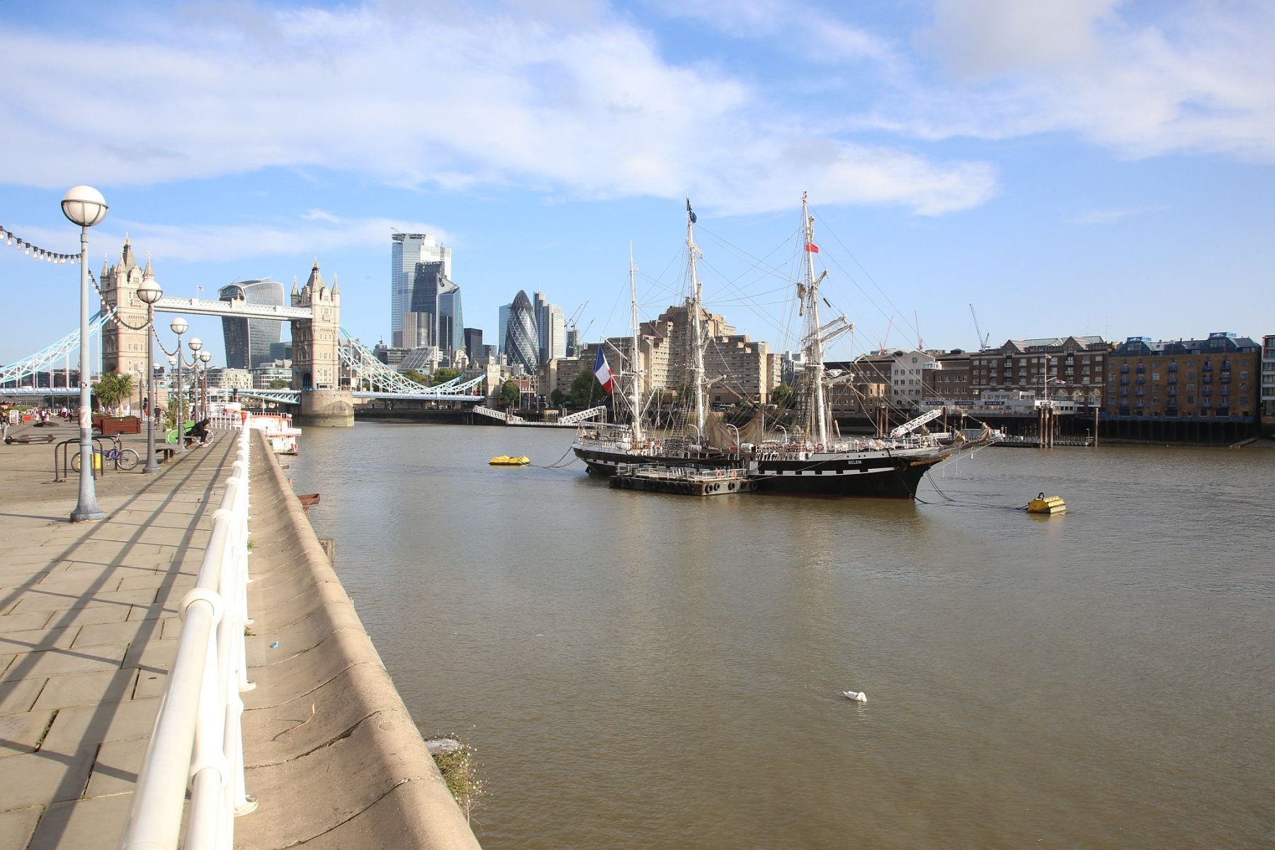 French sail training ship Belem seen in London moored off Tower Bridge close to Tower Bridge. 13-Aug-2019.