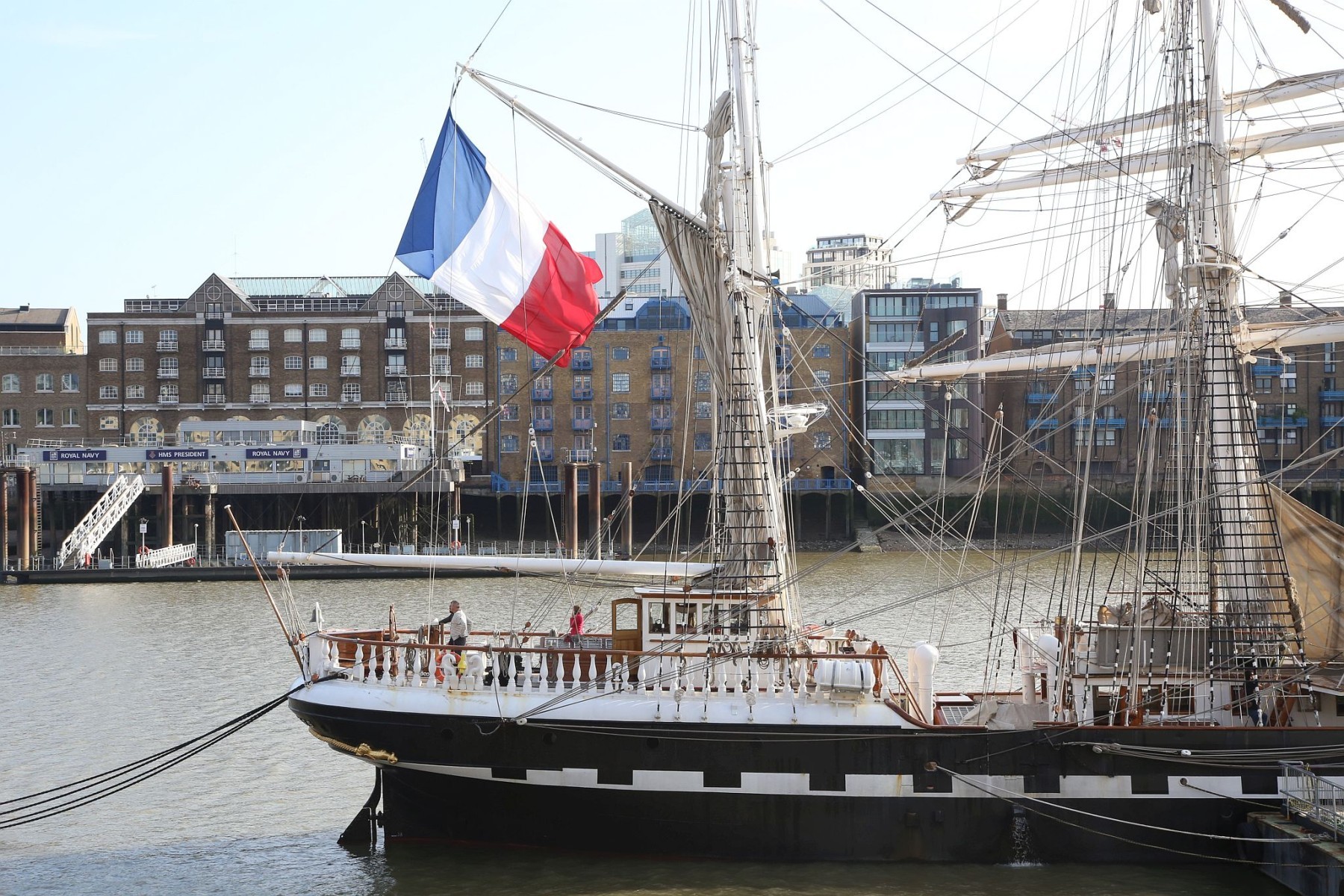 French sail training ship Belem seen in London moored off Tower Bridge close to Tower Bridge. 13-Aug-2019.