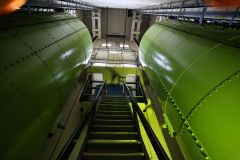 Hydraulic accumulators in the Tower Bridge museum. Tower Bridge Behind the Scenes engineering tour. 19-Nov-2019.