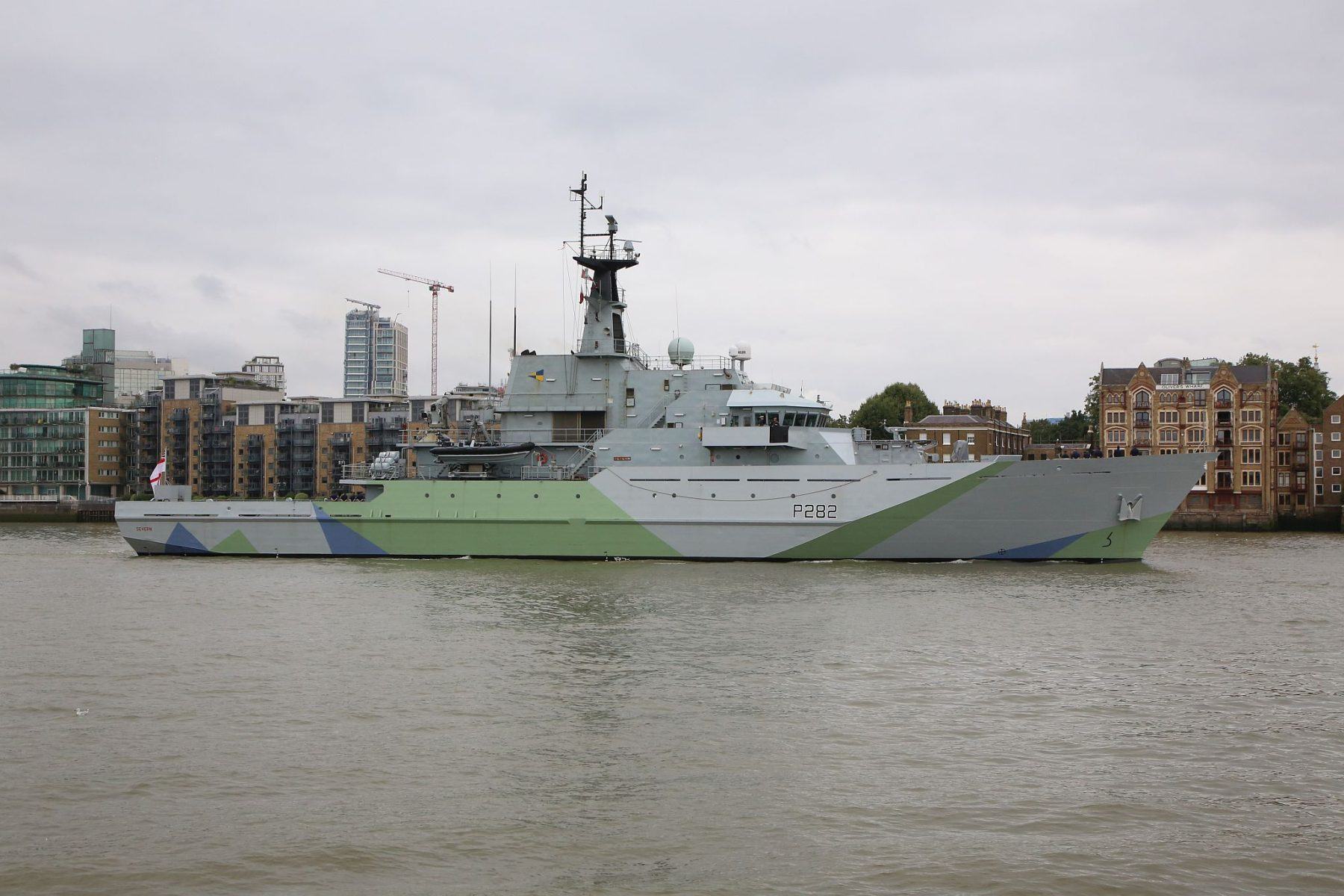 Royal Navy P282 HMS Severn leaving London sailing down the River Thames in Western Approaches camouflage on  11-Sep-2021