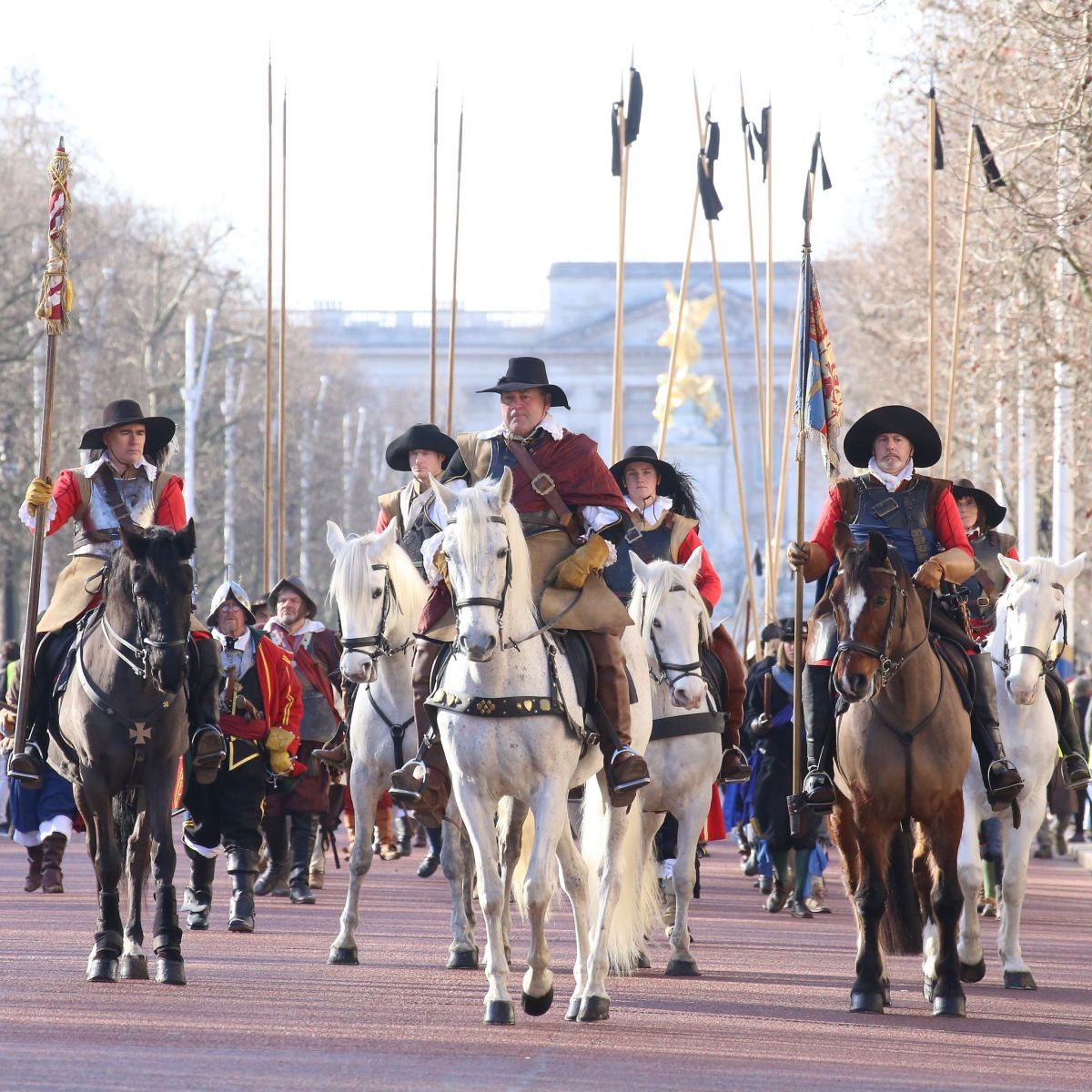The English Civil War Society parade in the heart of London down The Mall and on to Horse Guards Parade on the annual march in commemoration of King Charles I, executed in Whitehall on 30-Jan-1649.