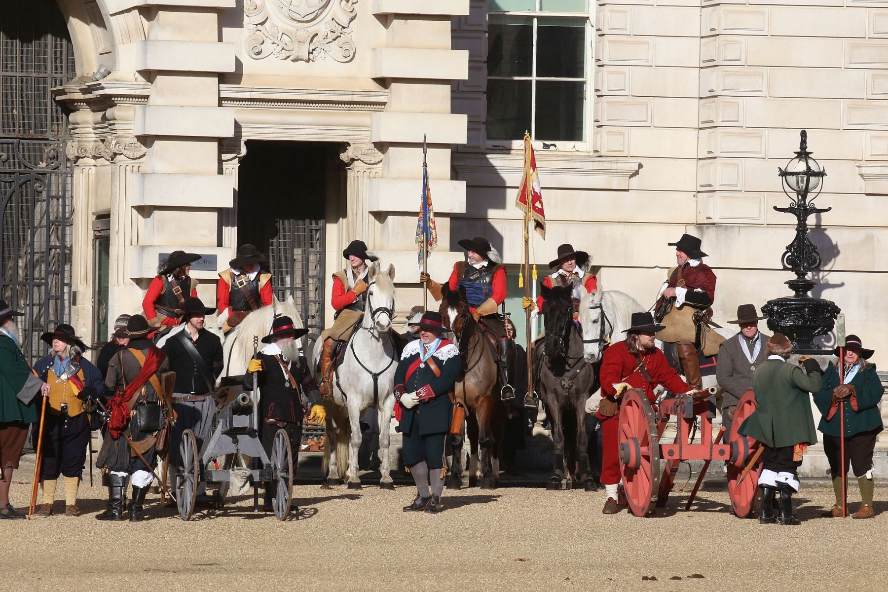 The English Civil War Society parade in the heart of London down The Mall and on to Horse Guards Parade on the annual march in commemoration of King Charles I, executed in Whitehall on 30-Jan-1649.