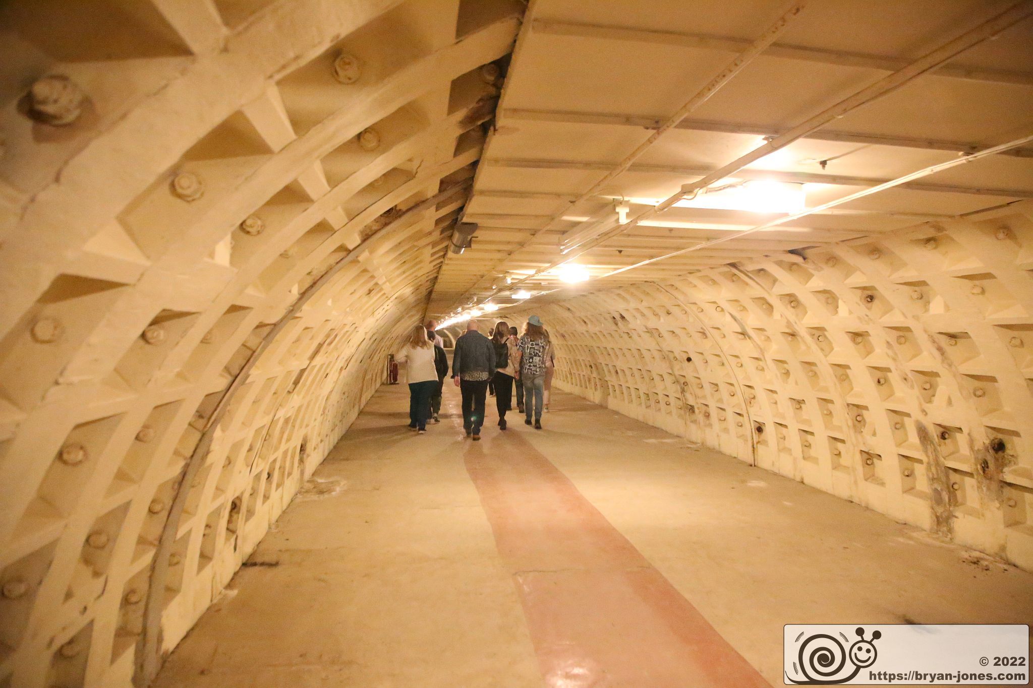 Clapham South WW2 air raid shelter in London. Part of the Empire Windrush story. Photographed 23-Apr-2022 on London Transport Museum Hidden London tour.