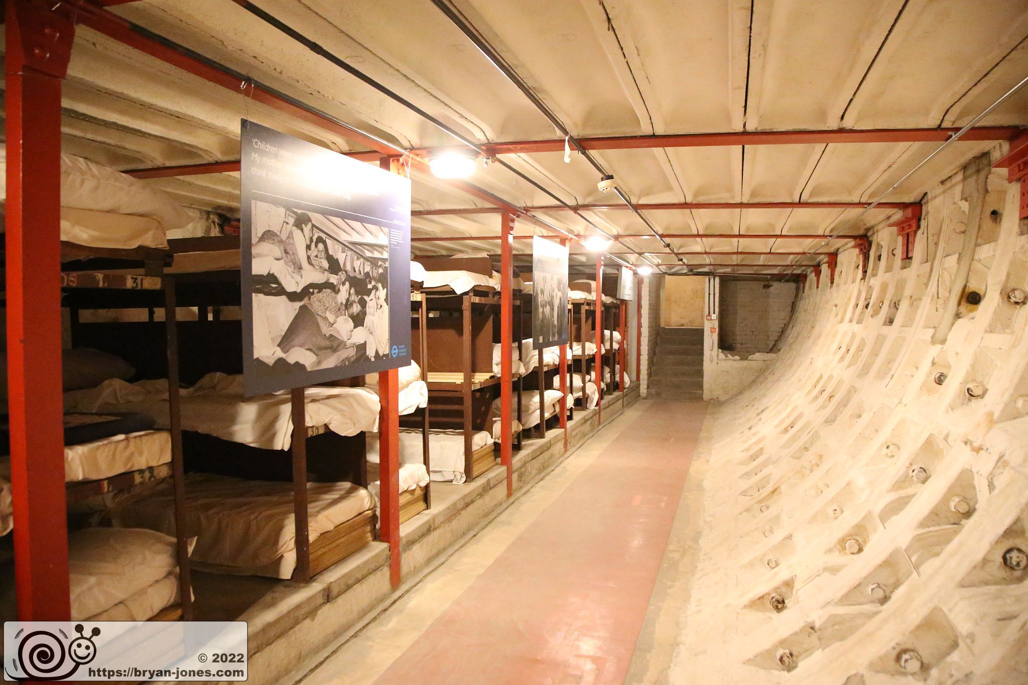 Clapham South WW2 air raid shelter in London. Part of the Empire Windrush story. Photographed 23-Apr-2022 on London Transport Museum Hidden London tour.