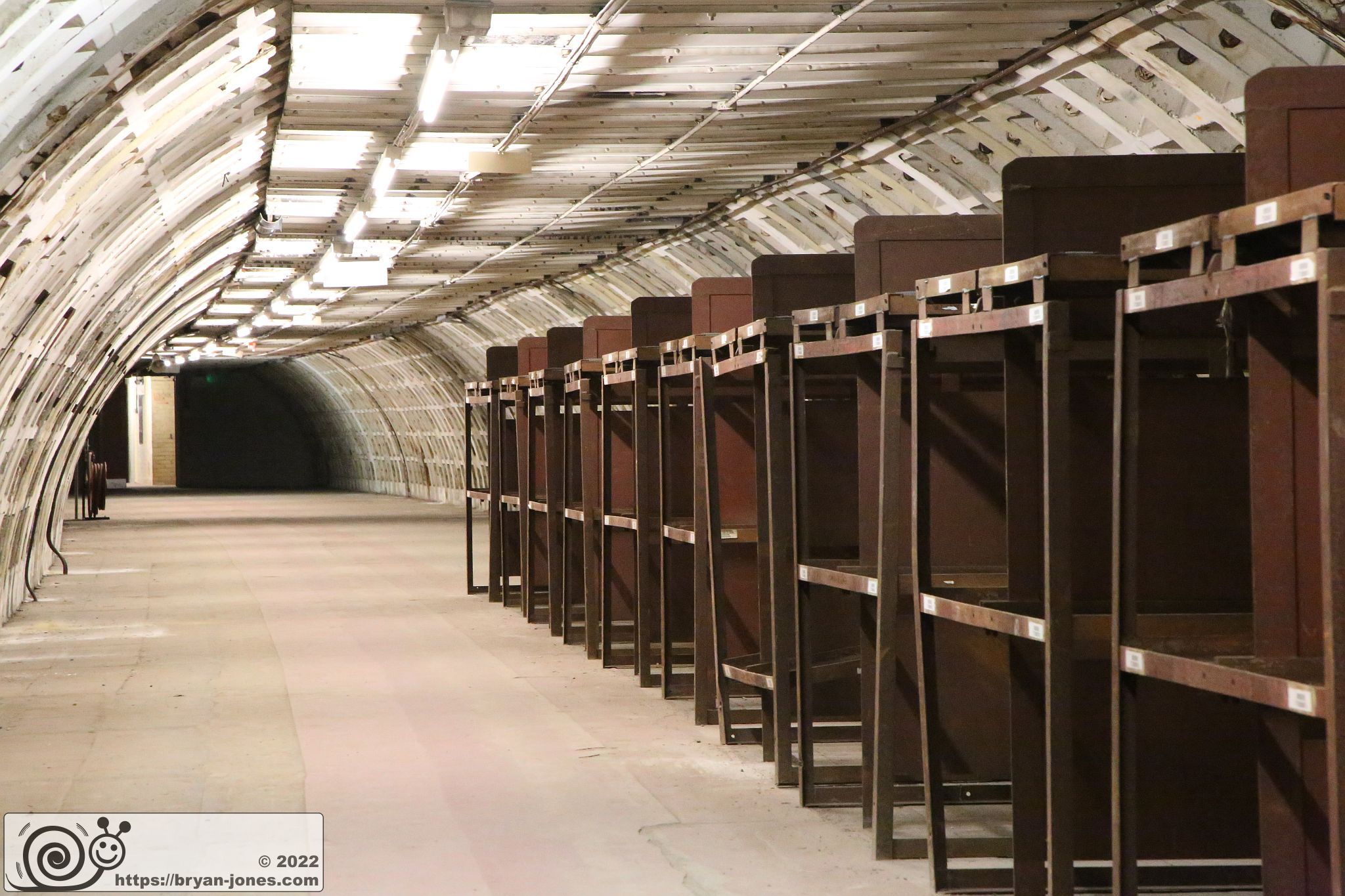 Clapham South WW2 air raid shelter in London. Part of the Empire Windrush story. Photographed 23-Apr-2022 on London Transport Museum Hidden London tour.