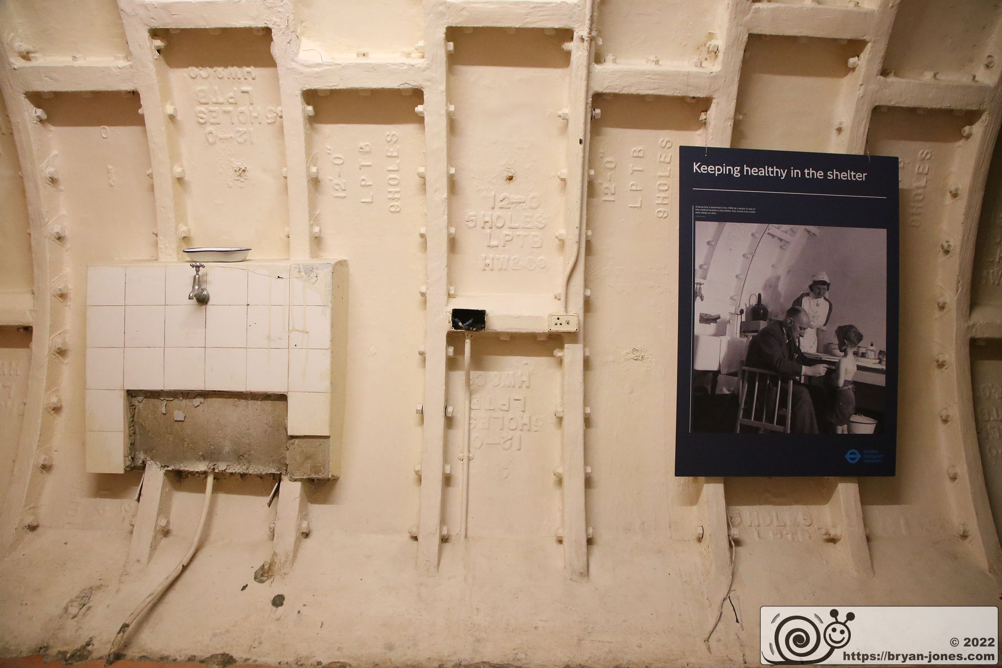 Clapham South WW2 air raid shelter in London. Part of the Empire Windrush story. Photographed 23-Apr-2022 on London Transport Museum Hidden London tour.