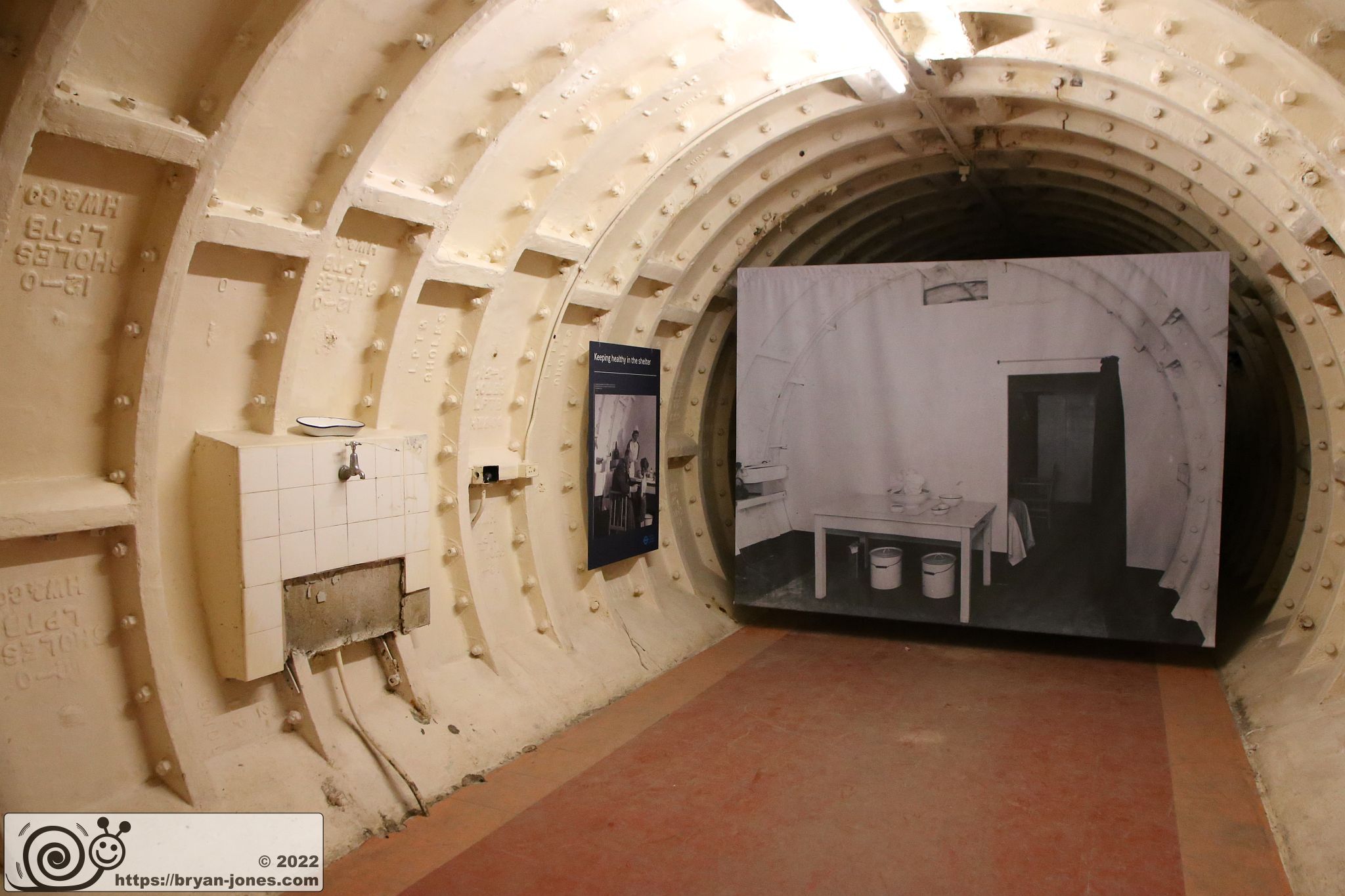 Clapham South WW2 air raid shelter in London. Part of the Empire Windrush story. Photographed 23-Apr-2022 on London Transport Museum Hidden London tour.