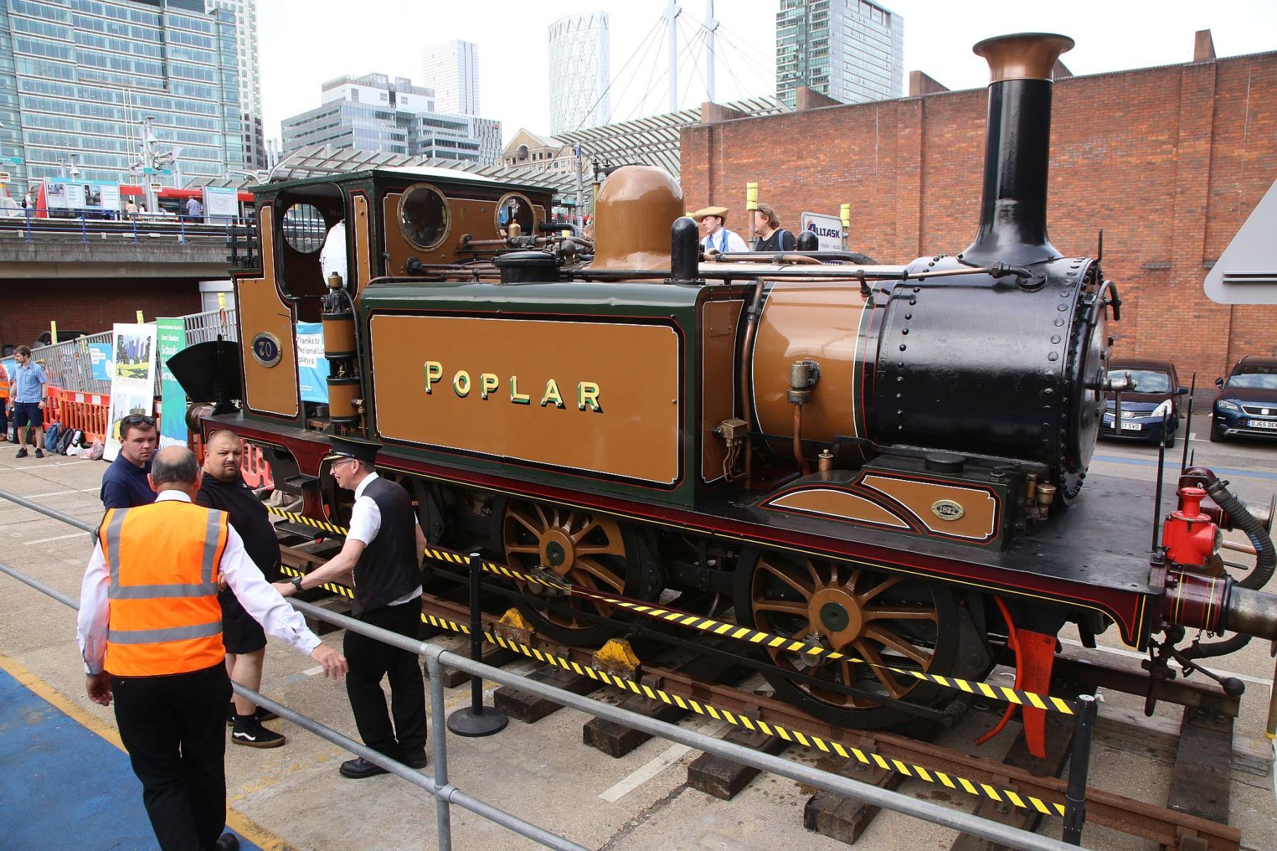 LB&SCR Terrier class steam engine "Poplar" visiting Poplar DLR depot close to Canary Wharf