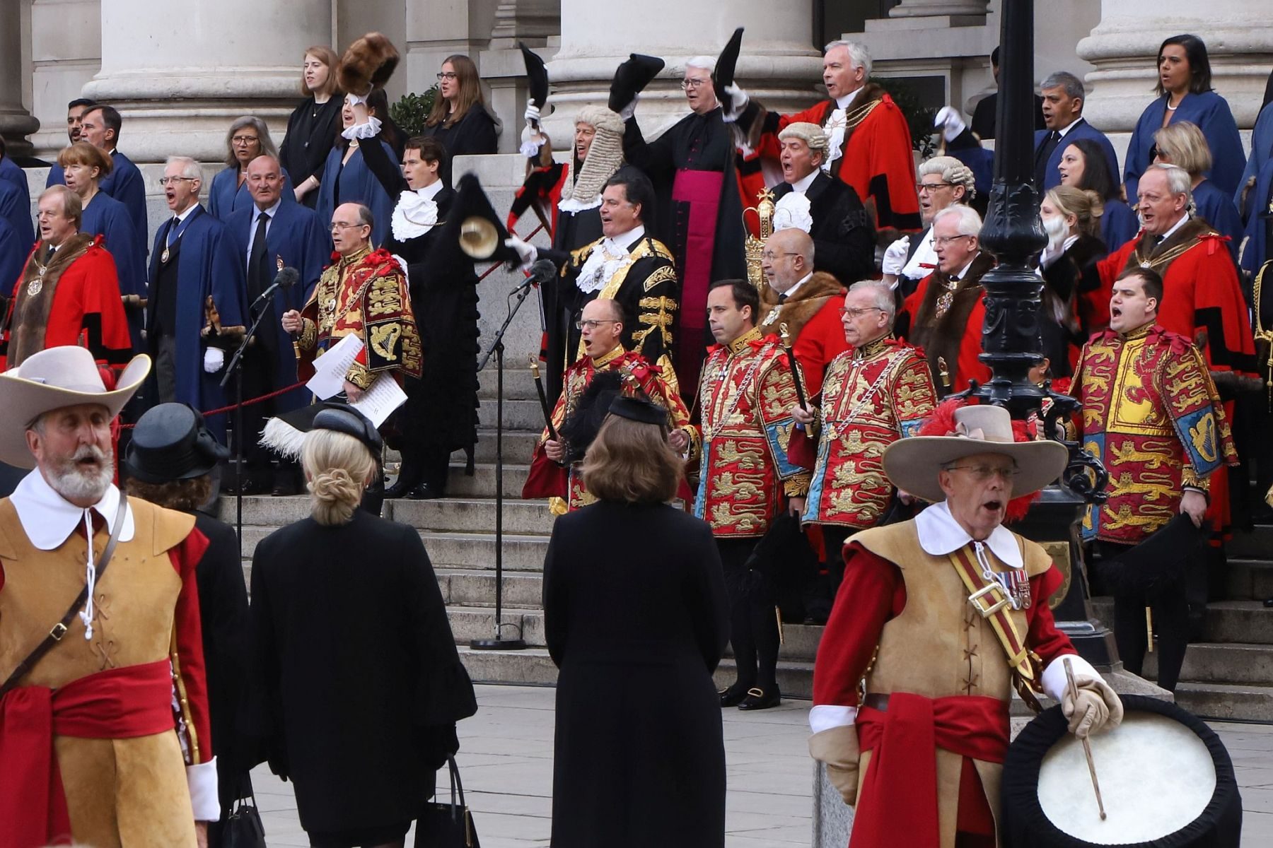 The Lord Mayor and dignitaries, including Heralds, at the reading of the Royal Proclamation of King Charles III as King, read from the steps of the Royal Exchange in the City of London.