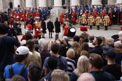The Lord Mayor and dignitaries at the reading of the Royal Proclamation of King Charles III as King, read from the steps of the Royal Exchange in the City of London.