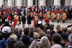 The Lord Mayor and dignitaries at the reading of the Royal Proclamation of King Charles III as King, read from the steps of the Royal Exchange in the City of London.