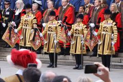 State Trumpeters of the British Army Household Division at the reading of the Royal Proclamation of King Charles III as King, read from the steps of the Royal Exchange in the City of London.