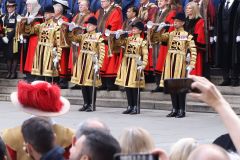 State Trumpeters of the British Army Household Division at the reading of the Royal Proclamation of King Charles III as King, read from the steps of the Royal Exchange in the City of London.