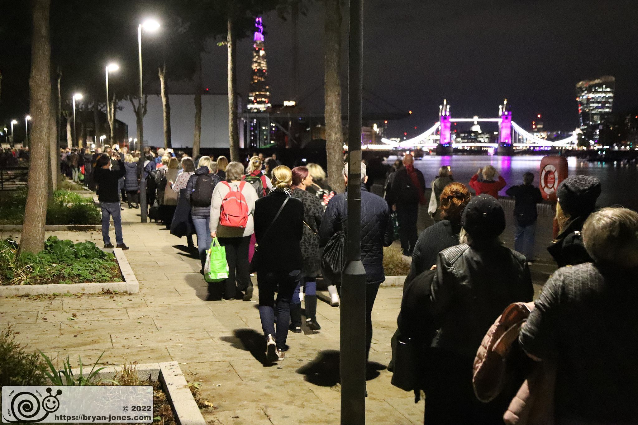Queue passes through Cherry Garden at night, Tower Bridge purple
