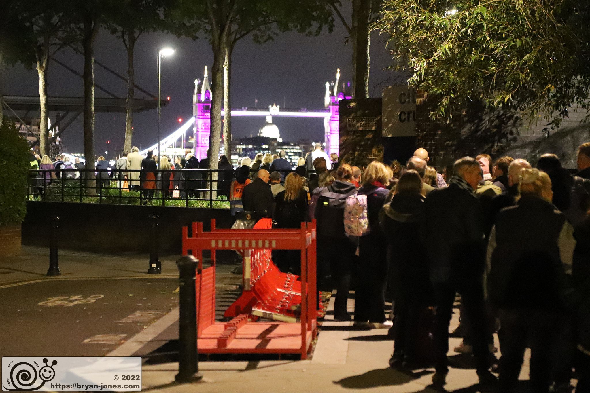 The queue Bermondsey Wall East by Cherry Garden Street at night