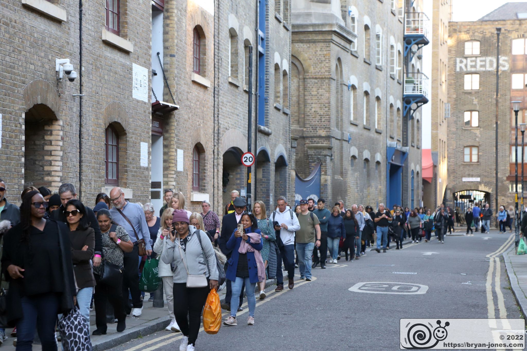 Looking down the queue in Mill Street to Bermondsey Wall West