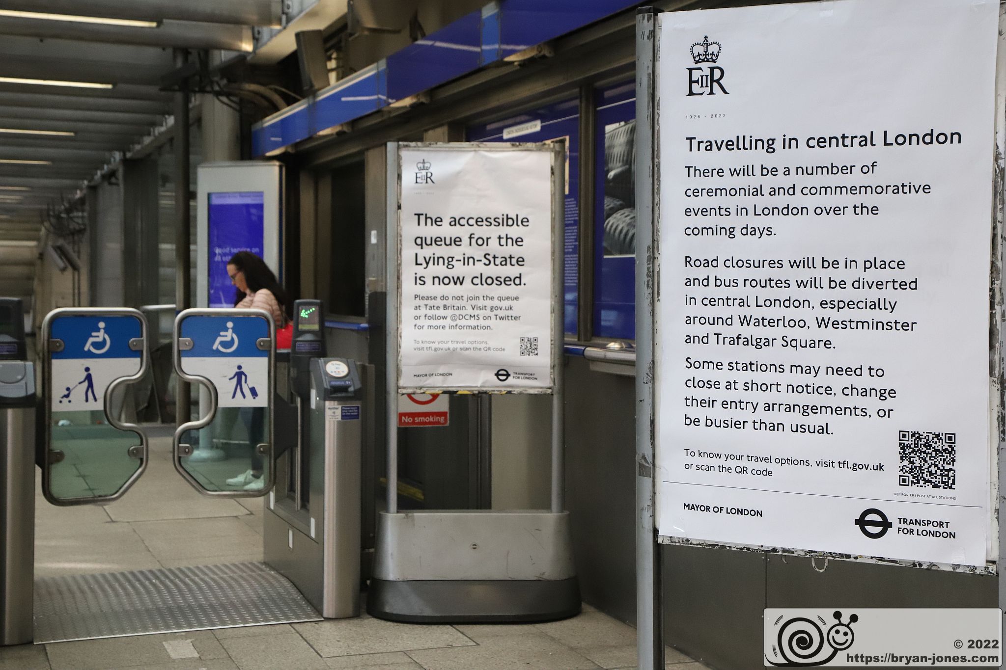 Notices about the lying-in-state at Bermondsey tube station