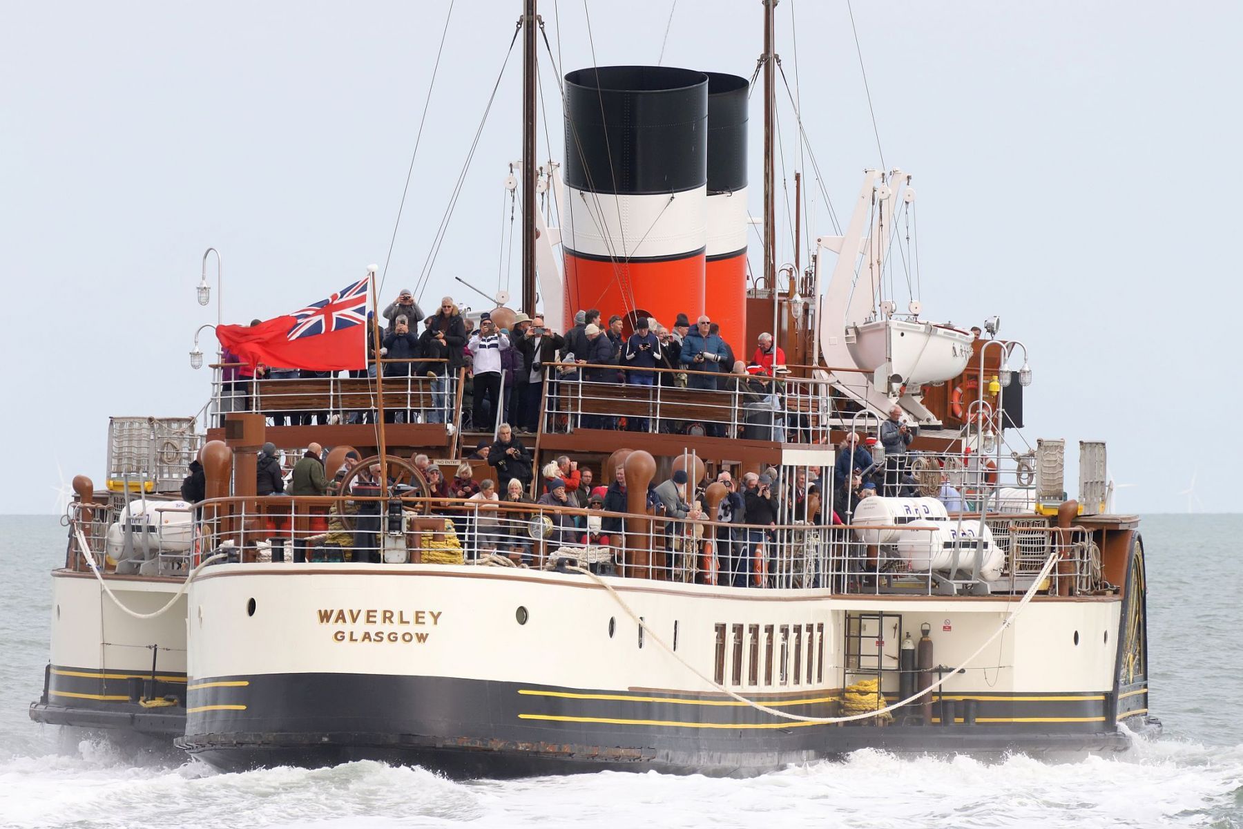 Paddle Steamer Waverley in the Thames estuary at speed seen from the stern