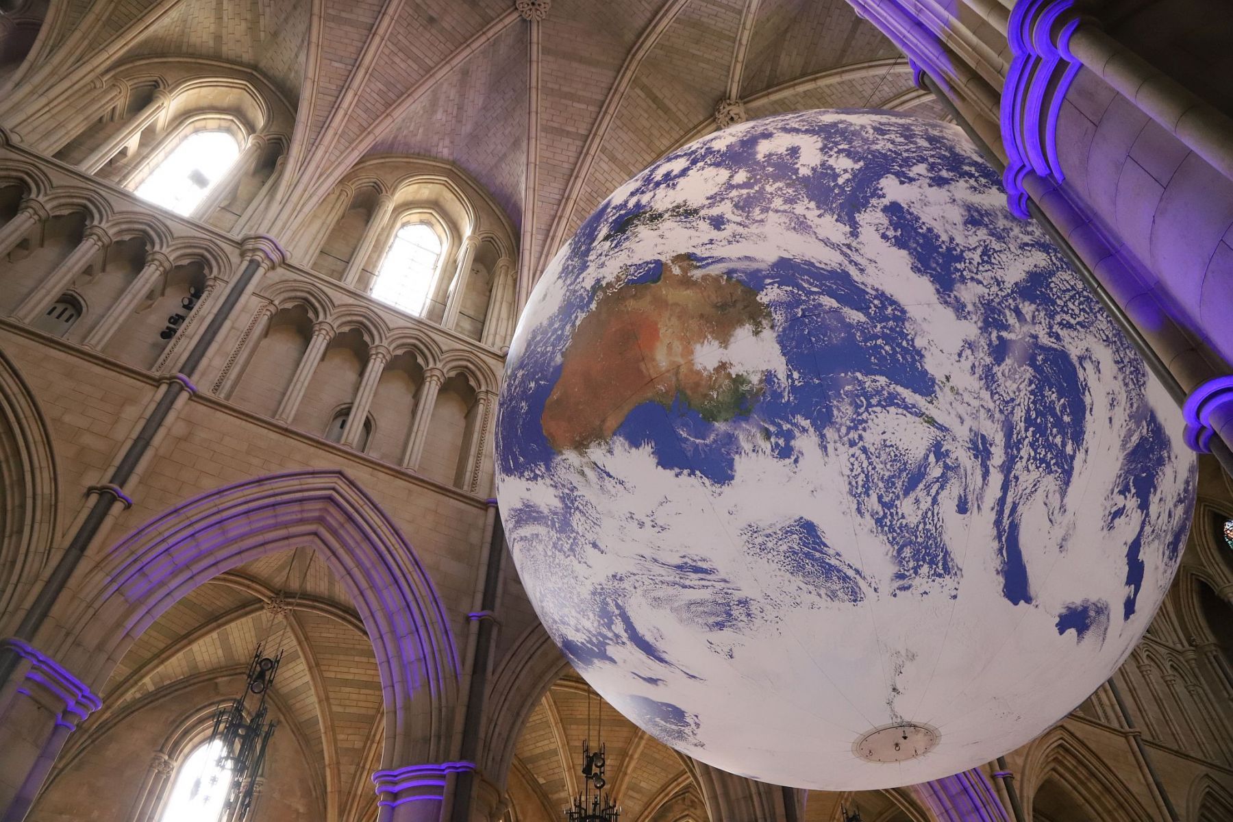 Gaia Earth by Luke Jerram at Southwark Cathedral in October 2022, seen in the day
