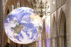 Gaia Earth by Luke Jerram at Southwark Cathedral in October 2022, seen in the day