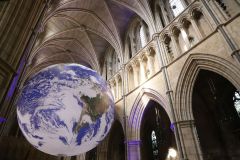 Gaia Earth by Luke Jerram at Southwark Cathedral in October 2022, seen in the day