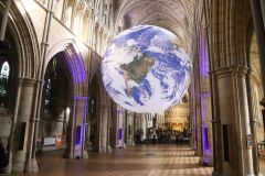 Gaia Earth by Luke Jerram at Southwark Cathedral in October 2022, seen in the day