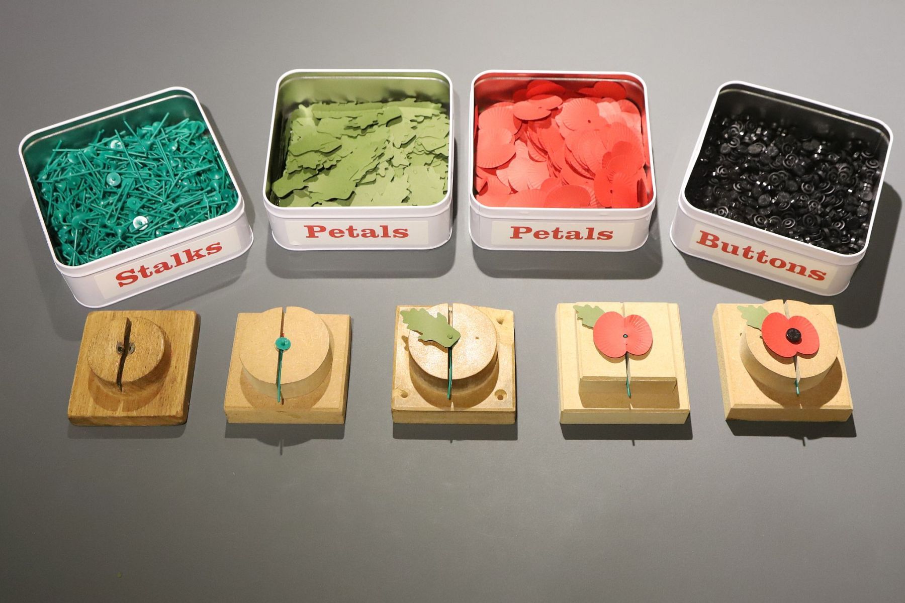 The stages of making a Remembrance Poppy