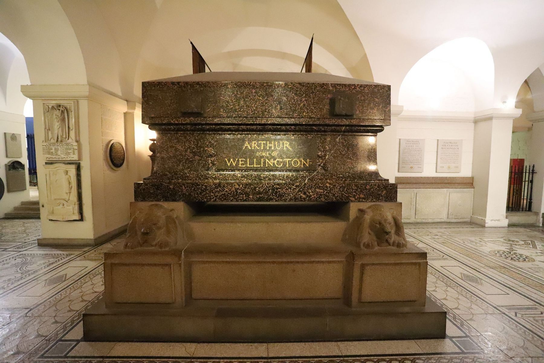 Tomb of Arthur Wellesley, Duke of Wellington, who led the commanded the combined armies which defeated Napoleon at the Battle of Waterloo in 1815.  The crypt of St. Paul's Cathedral, London. 29-Oct-2022.