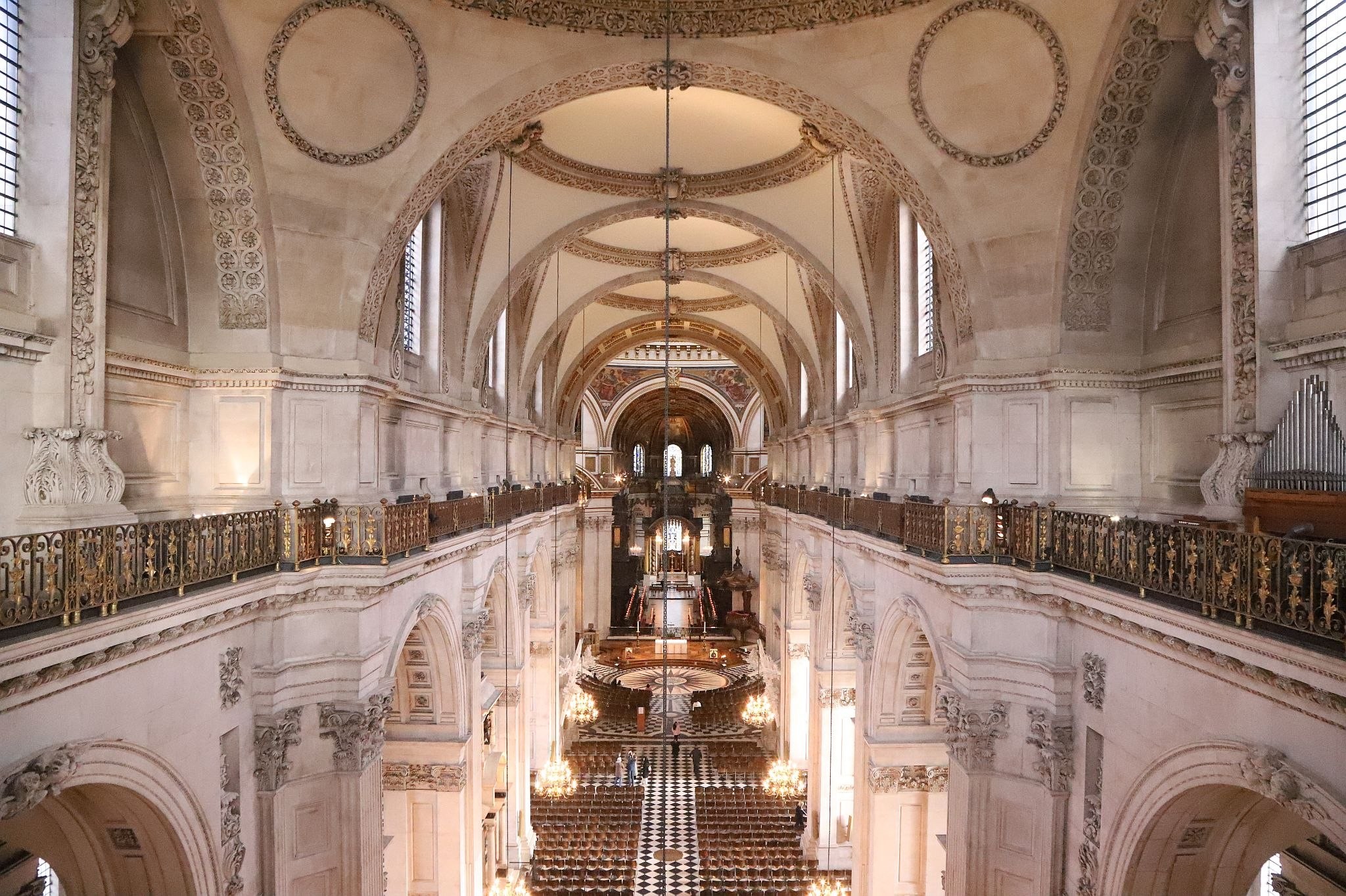View down the nave from the balcony above the Great West Doors. St. Paul's Cathedral Triforium Tour, 09-Jan-2023. London.