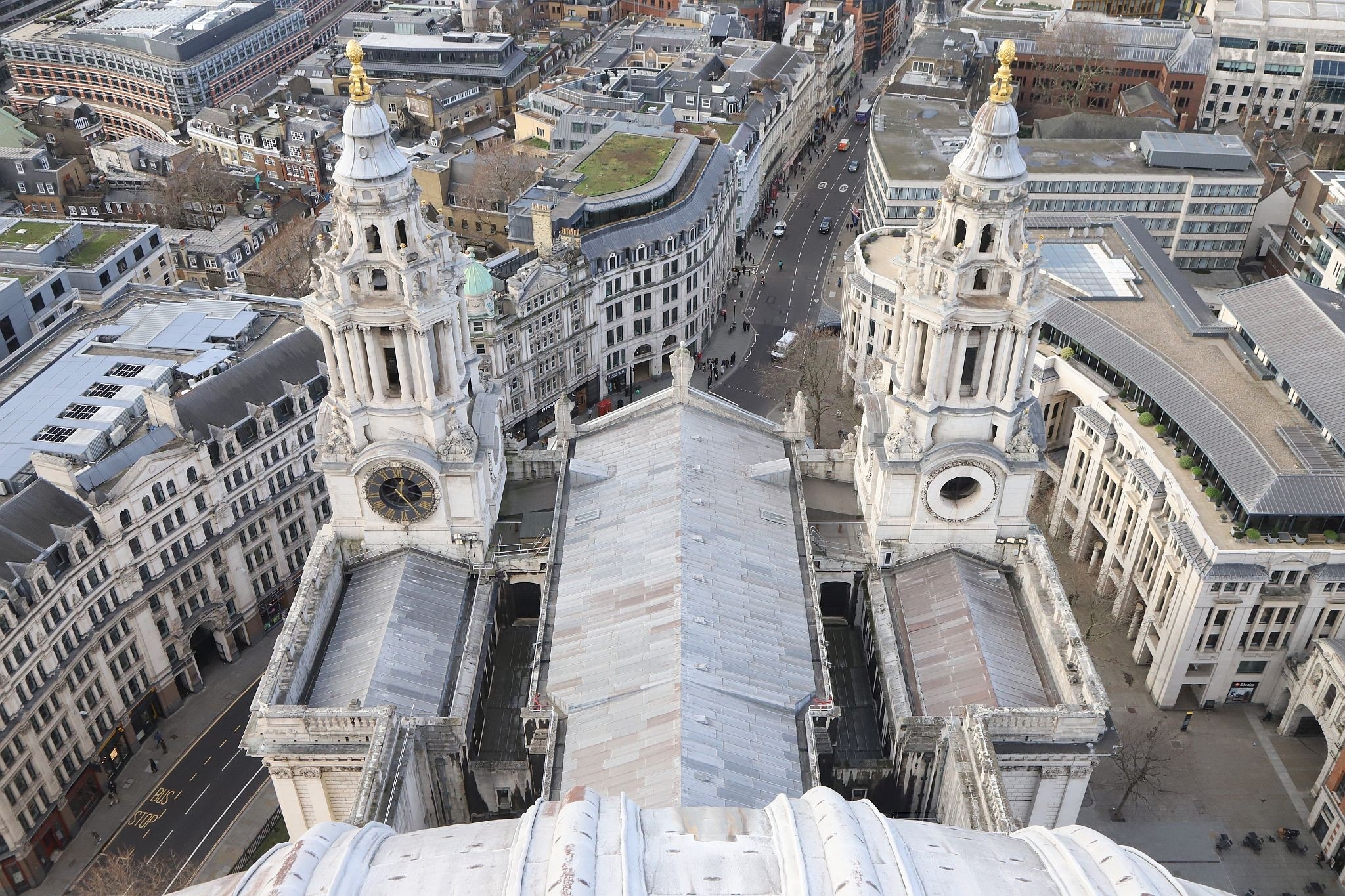 The roof of St. Paul's cathedral seen from the Golden Gallery on the top of the dome showing the bell towers, nave roof, library roof and roof of the room containing the Great Model. 2023.