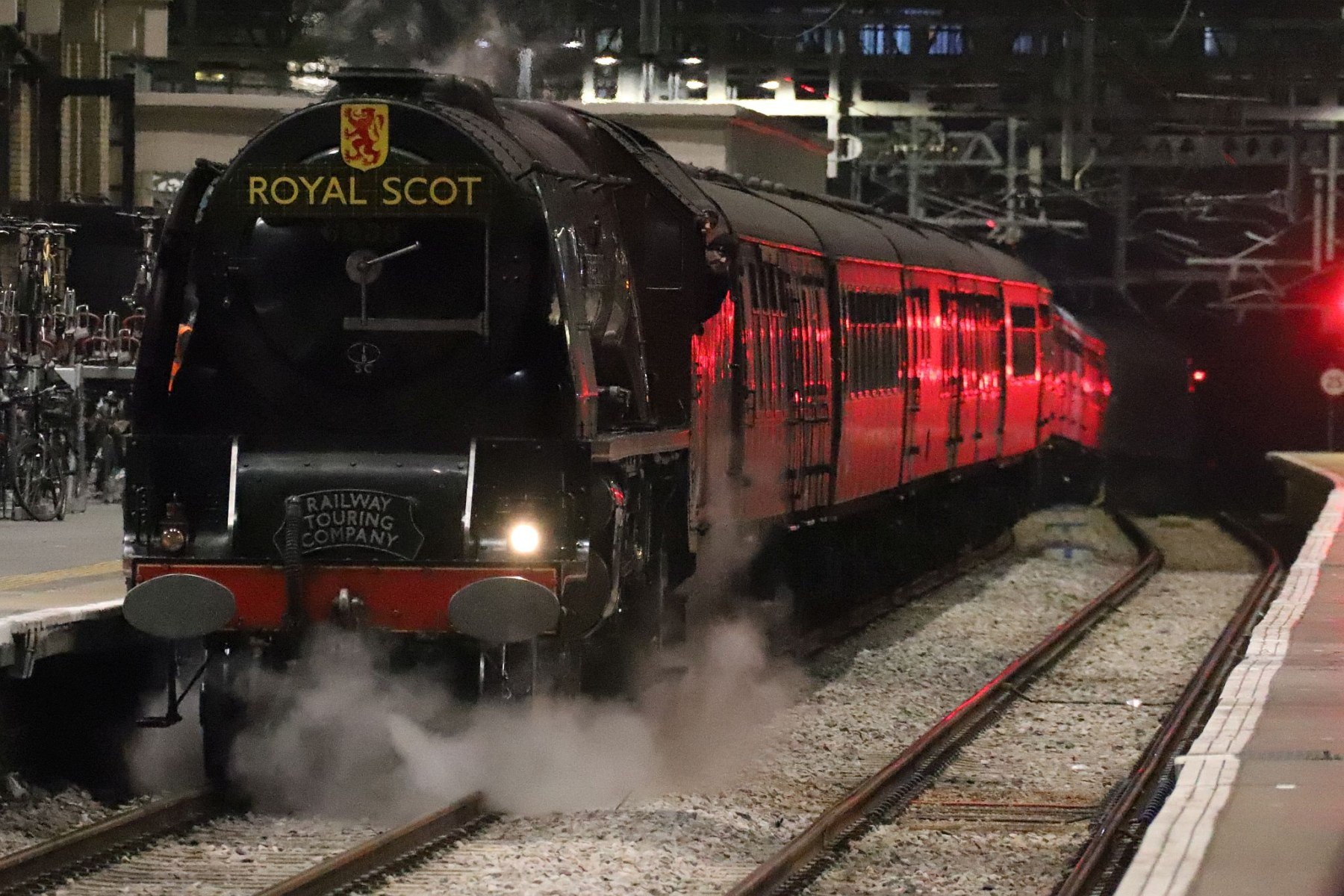 Steam locomotive 6233 Duchess of Sutherland LMS Princess Coronation Class at Kings Cross station 03-Dec-2022